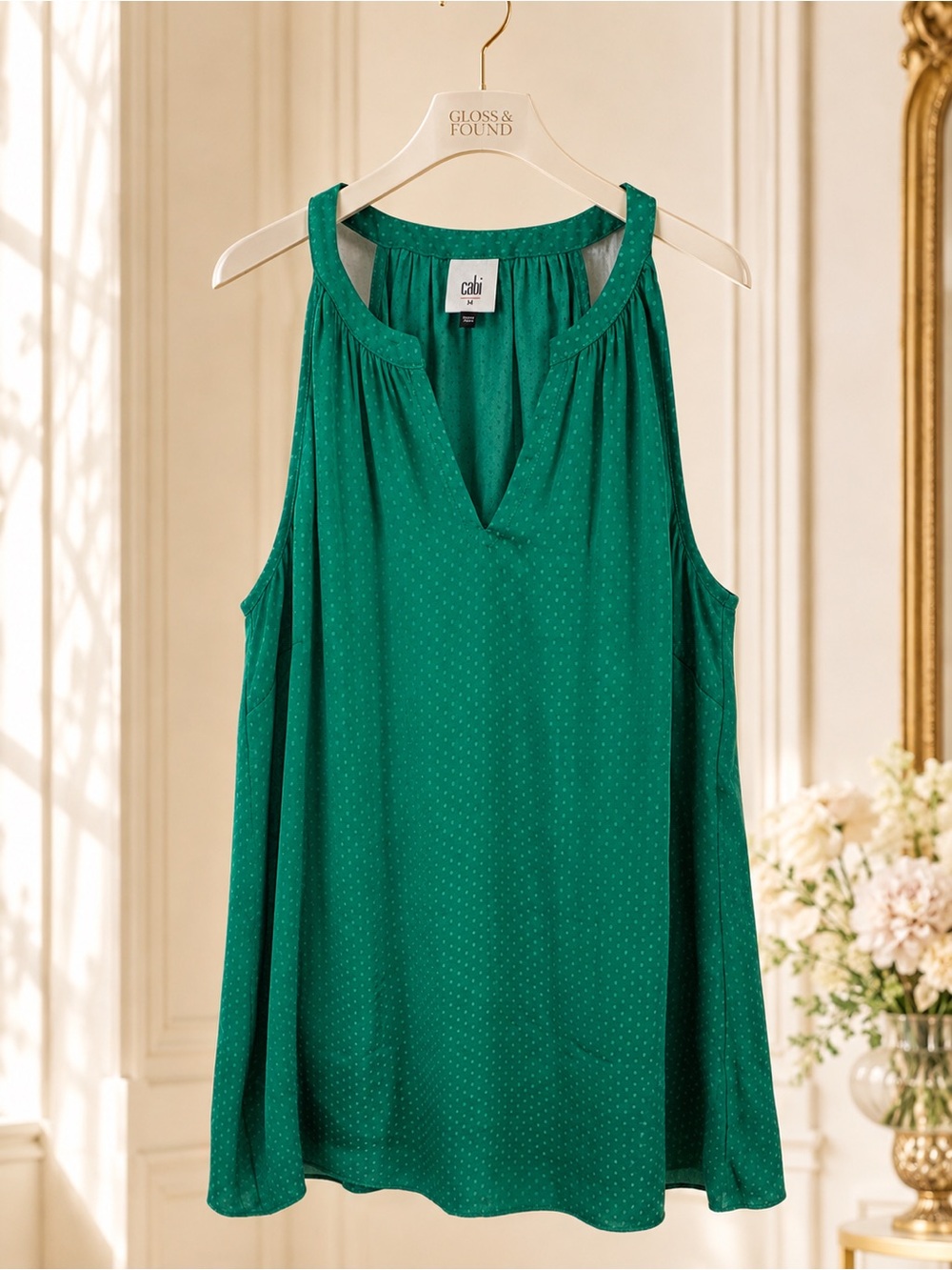 Cabi Lush Blouse Style 5549 Green Swiss Dot Halter Sleeveless Top M